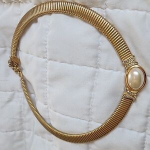Vintage Christian Dior Gold Omega Collar Necklace Pearl & Diamon Style Accent